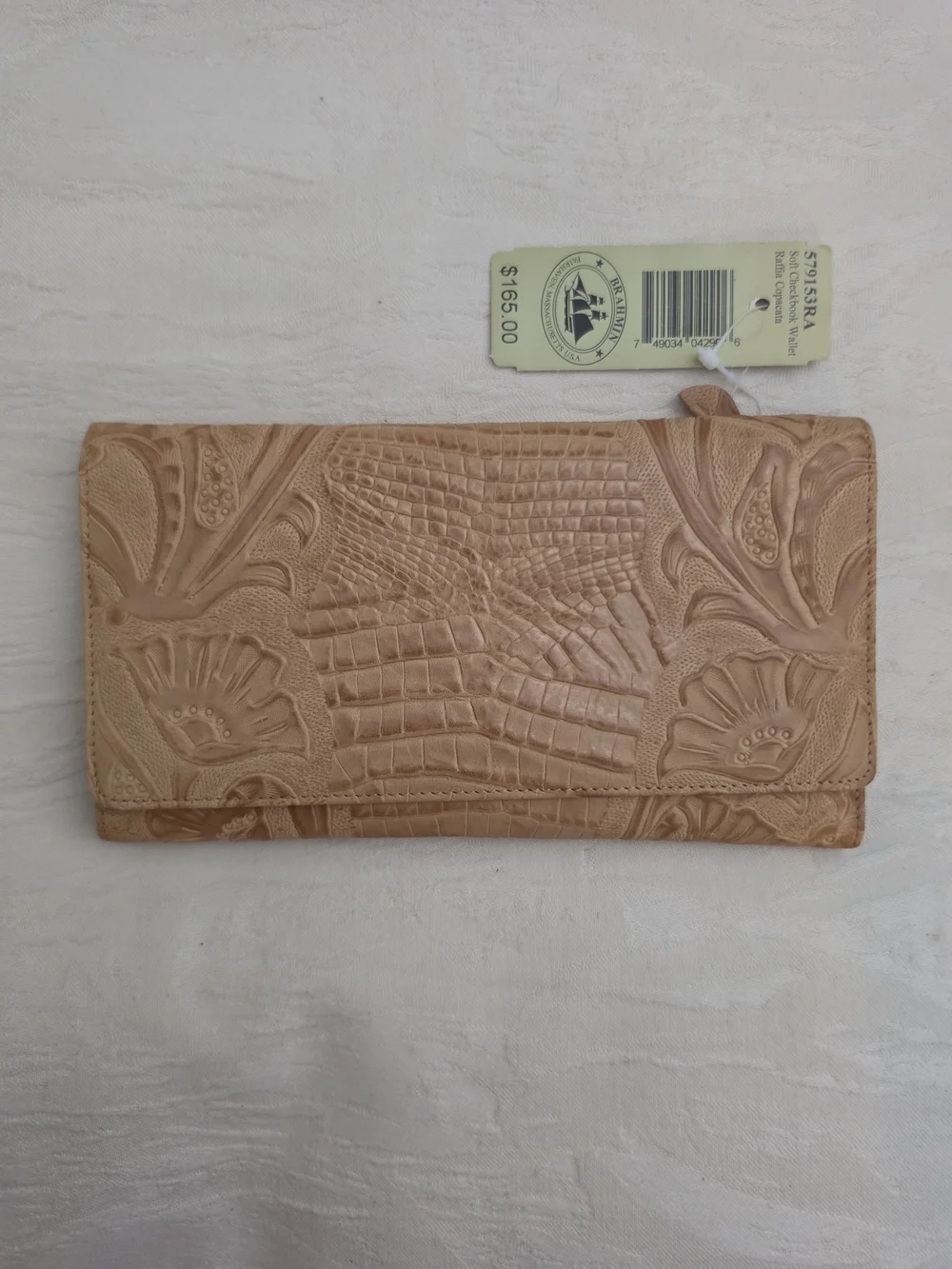 Brahmin Vintage Soft Checkbook Wallet in Raffia Copacata Tooled Leather Tan